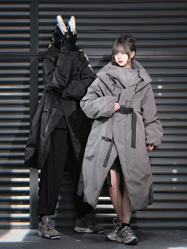 Man Women Couples Parkas Irregular High Neck Long Over The Knee Men's And Women's Winter Windproof Cotton Coat Warm Hooded 3