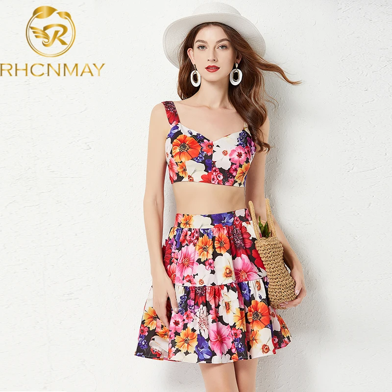 Two Piece Set Women Summer Dress Suit Spaghetti Strap Sleeveles Short Tops + High Waist Mini