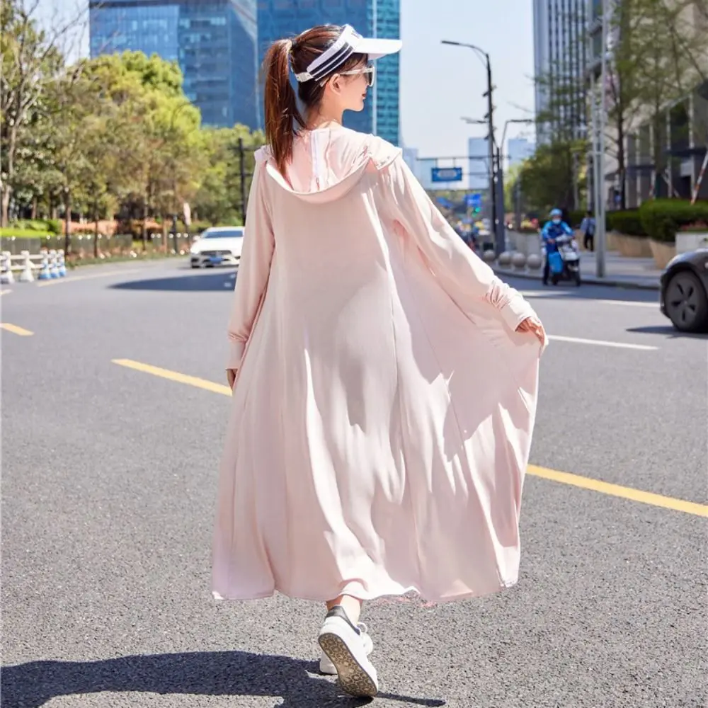 후드 자외선 차단 긴 코트, 아이스 실크 통기성 비치 긴 맨투맨, 긴 소매, 빠른 건조, 자외선 차단 원피스, 여름