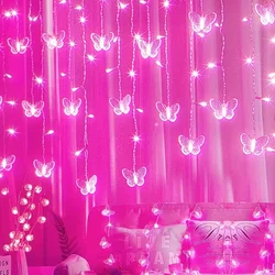 Butterfly Shaped LED Curtain Fairy Lights with 8 Flashing Modes for Weddings, Parties, and Holiday Decor (Pink)