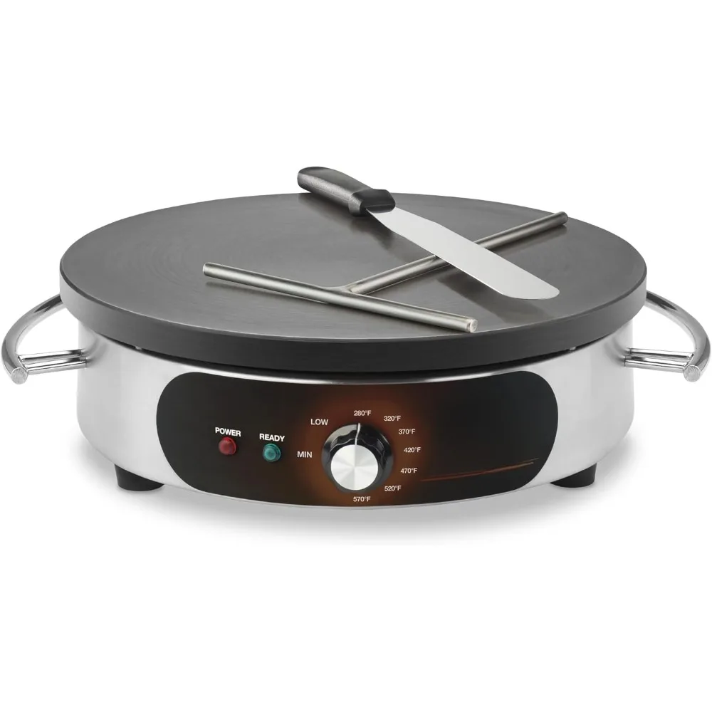Crepe maker, cast iron cooking surface, stainless steel base, includes batter spreader, breakfast maker, bread maker 2