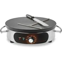 Crepe maker, cast iron cooking surface, stainless steel base, includes batter spreader, breakfast maker, bread maker 2