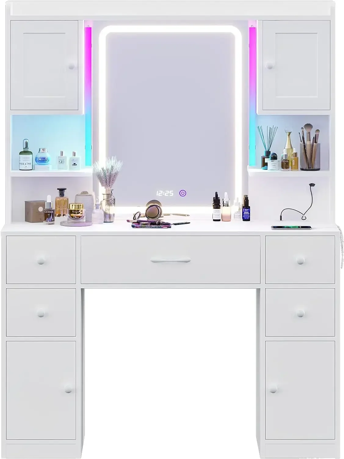 

Modern 5-Drawer Large Vanity Desk with Smart Mirror & Lights, Makeup Table with Time Display & Charging Station, White/Vintage