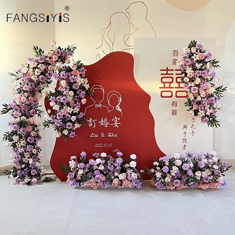 

Artificial Flower Row Wedding Floral Arch Arrangement Luxury Purple Rose Road Guid Flowers Ball Wall Backdrop Welcome Sign Decor