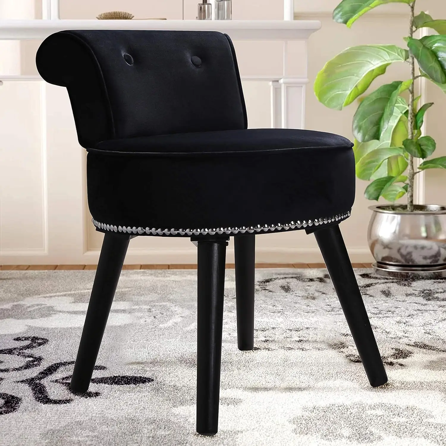 MUPATER Makeup Vanity Stool Chair with Low Back, Round Velvet Padded Chair with Wood Legs, Black