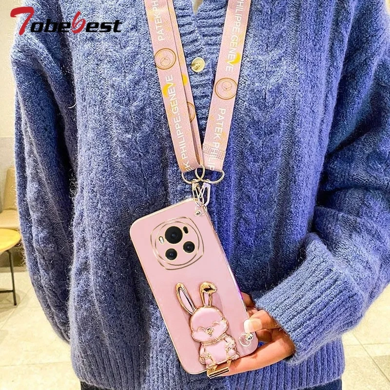 Elegant Crossbody Rabbit Bracket Plating Silicone Case