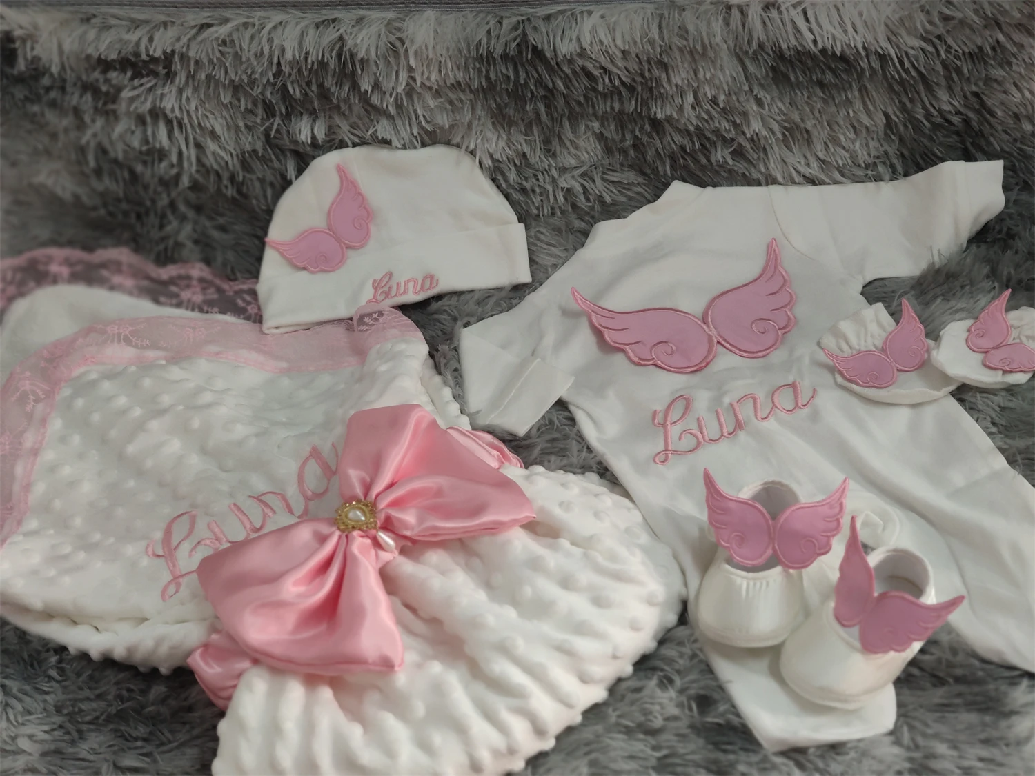 Hospital Exit Newborn Wings Romper & Swaddle Set - Embroidered Blanket and Nursery Bedding Collection