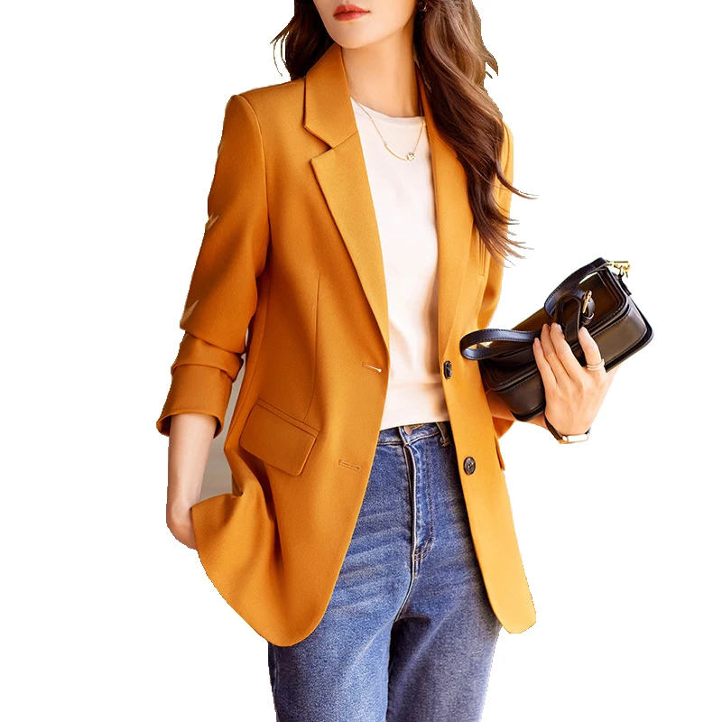 

High Quality Women Formal Blazer Female Orange Black Beige Solid Long Sleeve Single Breasted Fashion Work Wear Jacket Coat