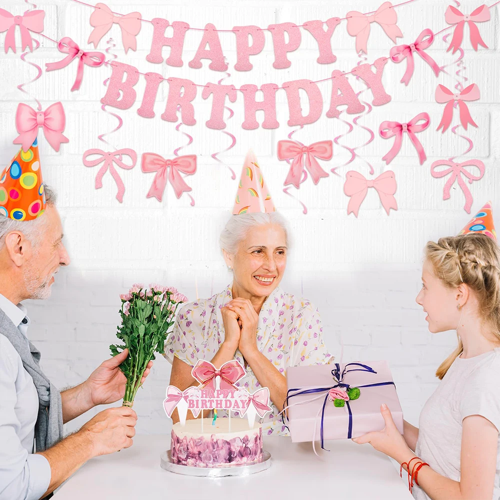Rosa Schleife Geburtstagsparty-Dekoration, rosa alles Gute zum Geburtstag, Banner zum Aufhängen, Wirbel, Kokette, Party-Dekoration, Mädchen-Babyparty-Zubehör – Detail 7