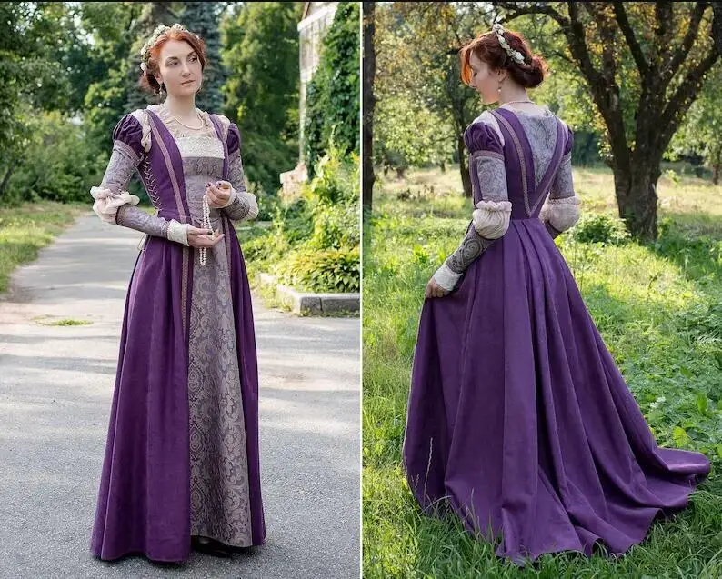Lavender Renaissance Medieval Prom Dresses Long Sleeve Corset Venetian ...