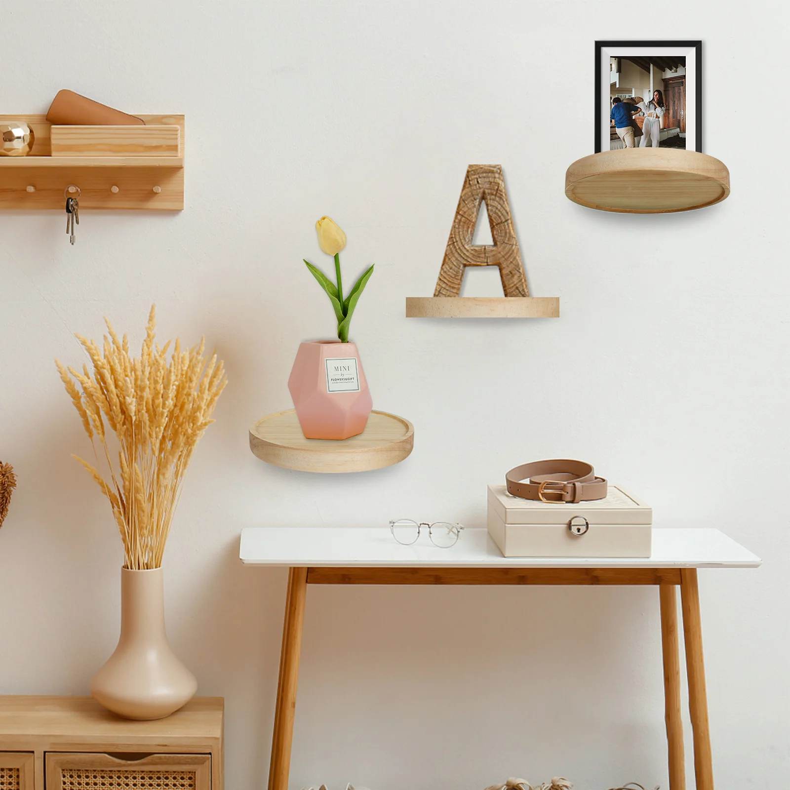 3Pcs Wall Shelves Set Oak Wood Round Floating Shelf Wall Mounted Plant Shelf Home Decoration Mini Rustic Wall Storage Racks 3
