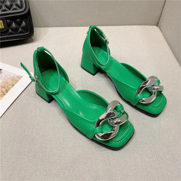 2022 Square Head Lady Sandals Leisure Line Buckle Chain Thick Heel Female Pumps Fashionable Casual Hollow Women's Single Shoes
