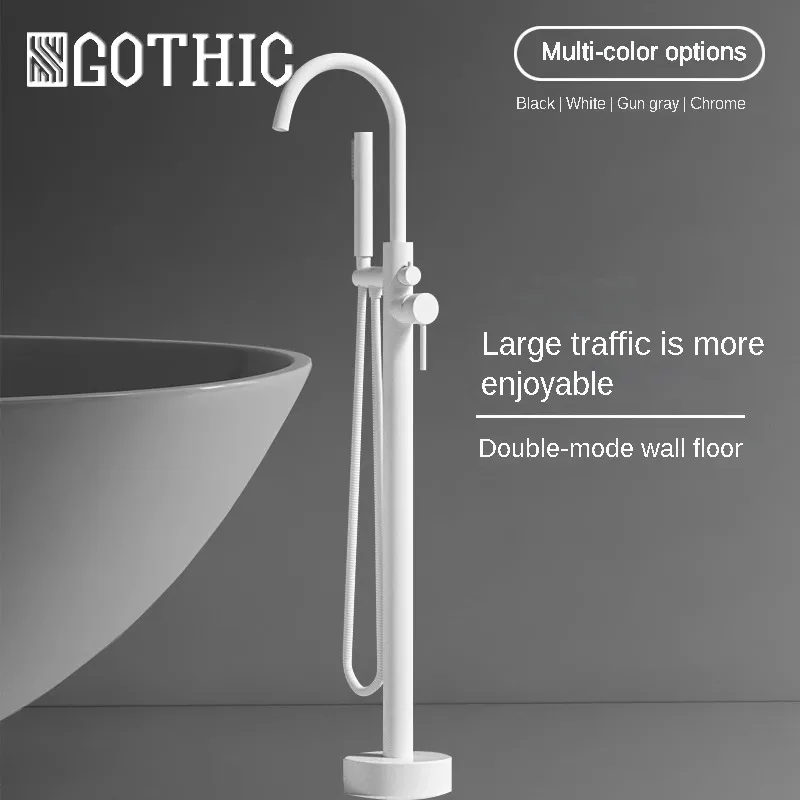 

Copper Gun Gray Floor Standing Bathtub Faucet Toilet Cylinder Side Independent Hot&Cold Water Mxier Tap Shower Head Set White