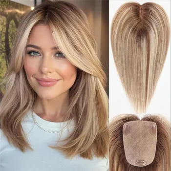 Toppers per capelli umani veri per donna Capelli naturali al 100% senza frangia Marrone Biondo Base da 4 * 5,5 pollici Topper per capelli da 12 pollici per la perdita di capelli