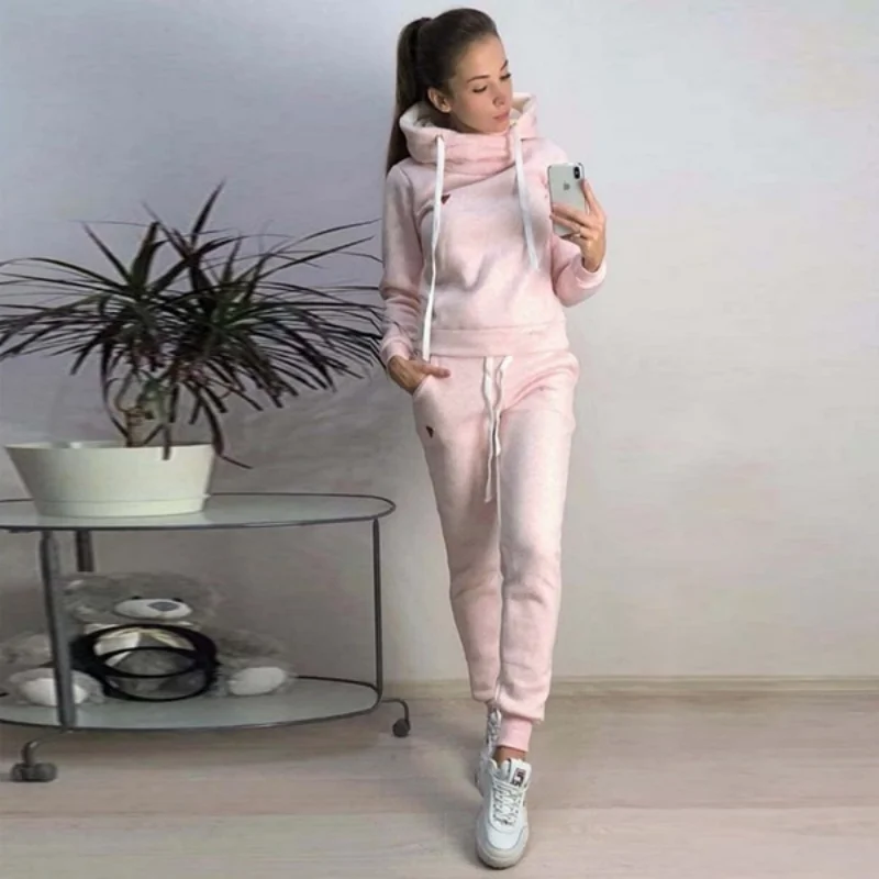 Sports Hoodie Set Women's Fleece Hoodie+Pants Two Piece Set Women's Solid Color Hooded Jogging Set High Collar Long Sleeve Set