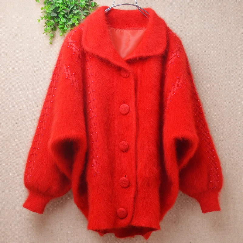 

04 Ladies Women Fall Winter Thick Warm Red Hairy Angora Rabbit Hair Knitted Long Batwing Sleeves Turn-Down Neck Loose Cardigans