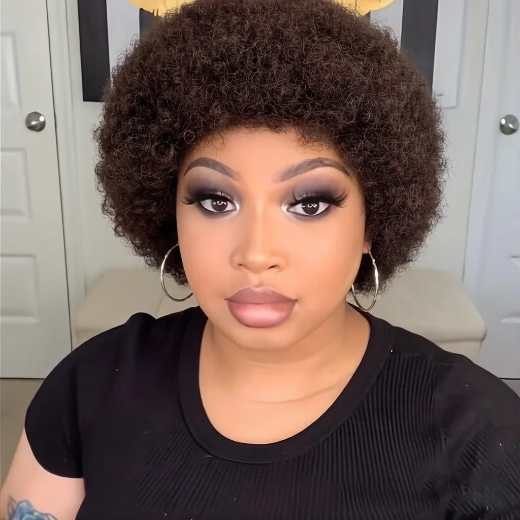 인모 아프로 가발, 여성용 짧은 곱슬머리 픽시컷 가발, 레미 인모, 내추럴 블랙 풀 머신메이드