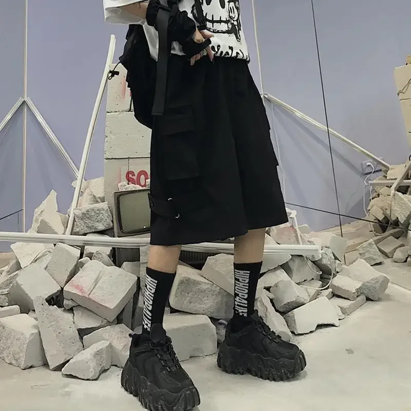 

Solid Color Elastic Waist Loose Casual Knee Length Cargo Pants Man Korean Style Street Motion All-match Straight Shorts D16