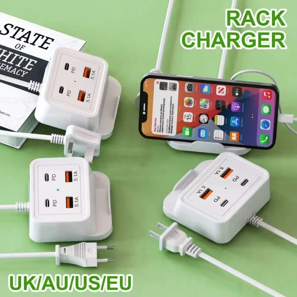 5.1A Power Strip USB C Charger Socket 4 Port Fast Charger With Phone Stand Holder For iPhone 16 13 14 15 Samsung Xiaomi Huawei