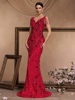فساتين سهرة رسمية أنيقة عميقة على شكل حرف v ترتر أحمر للنساء 2024 مطرز بالخرز لحفلات الزفاف حورية البحر فستان حفلات الكوكتيل 6