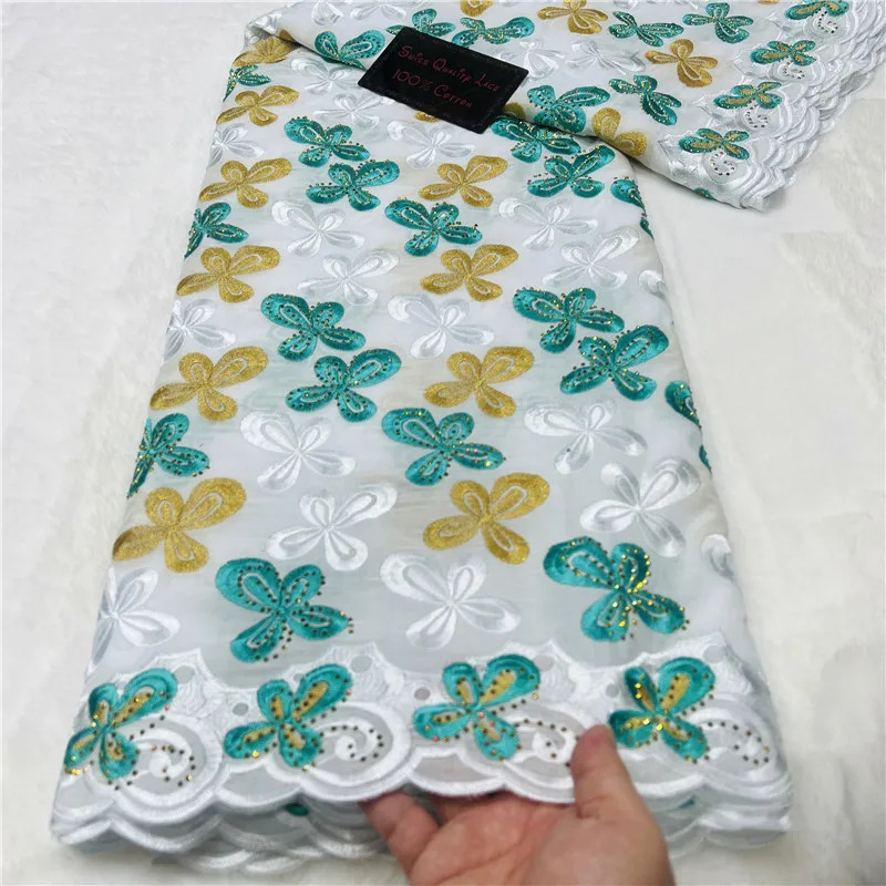 

5 Yard Swiss Voile Lace Fabric With Stones Embroidery African 100% Cotton Popular Dubai Style For Party Cloth Material YL112401