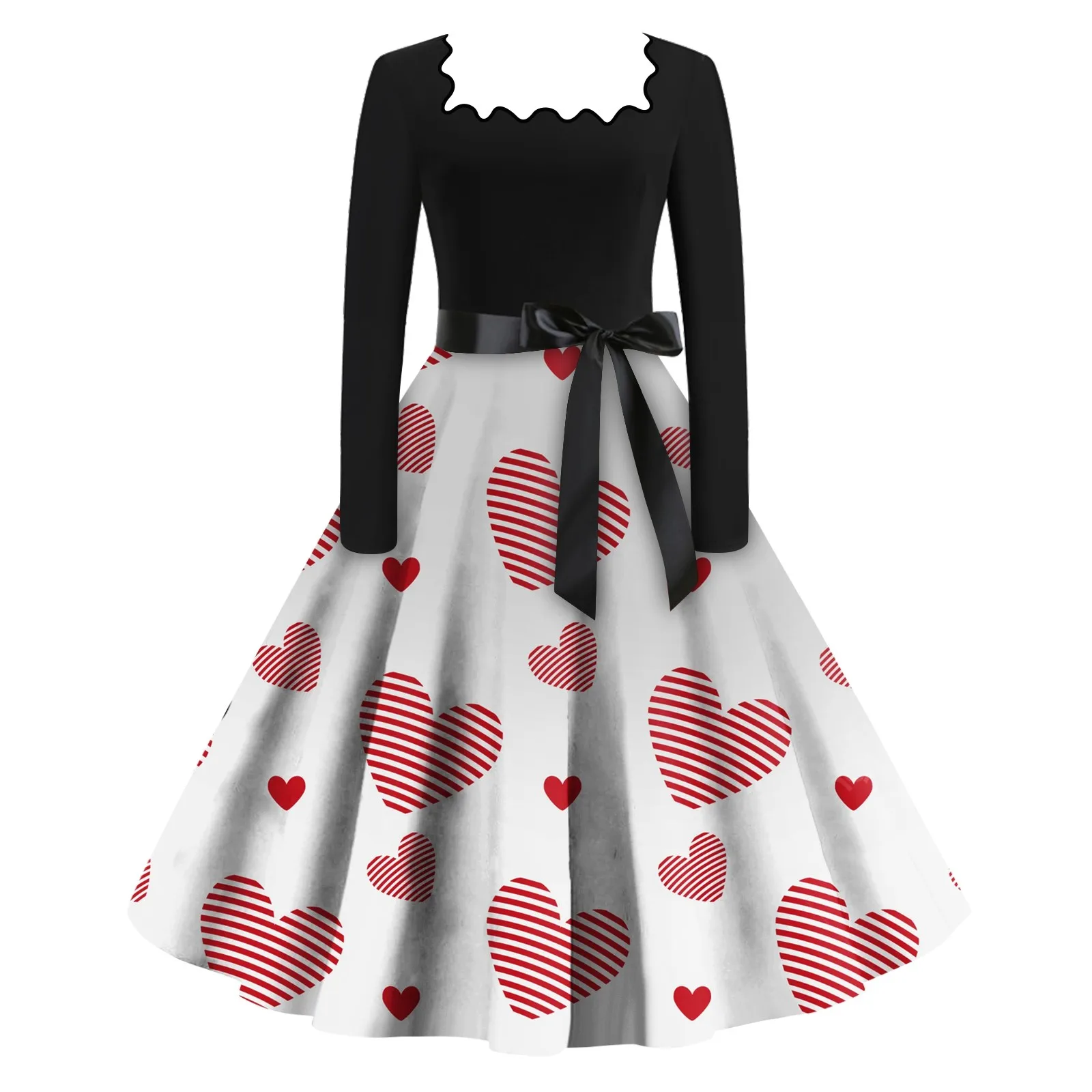 

Женское винтажное платье с длинным рукавом, Повседневное платье средней длины с квадратным вырезом и принтом на День святого Валентина