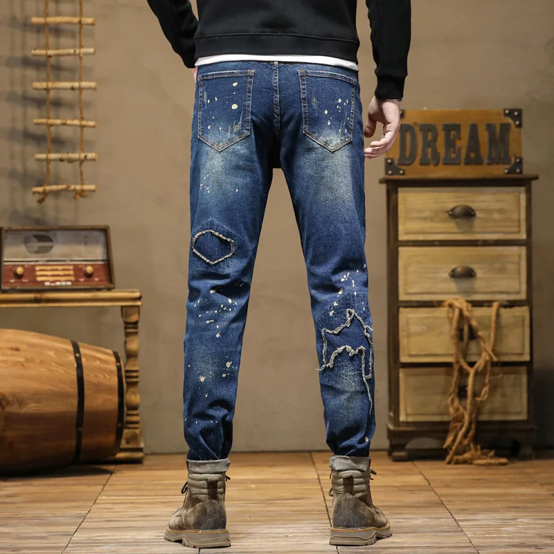 Street Design Motorcycle Men's Ripped Embroidery Patch Stitching Splash-Ink Jeans Men's Trendy Slim Fit Retro Trousers