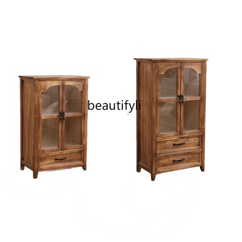 

Solid Wood American Style Living Room Meal Side Liquor Cabinet Chinese Style Retro Storage Wall Storage Display Showcase