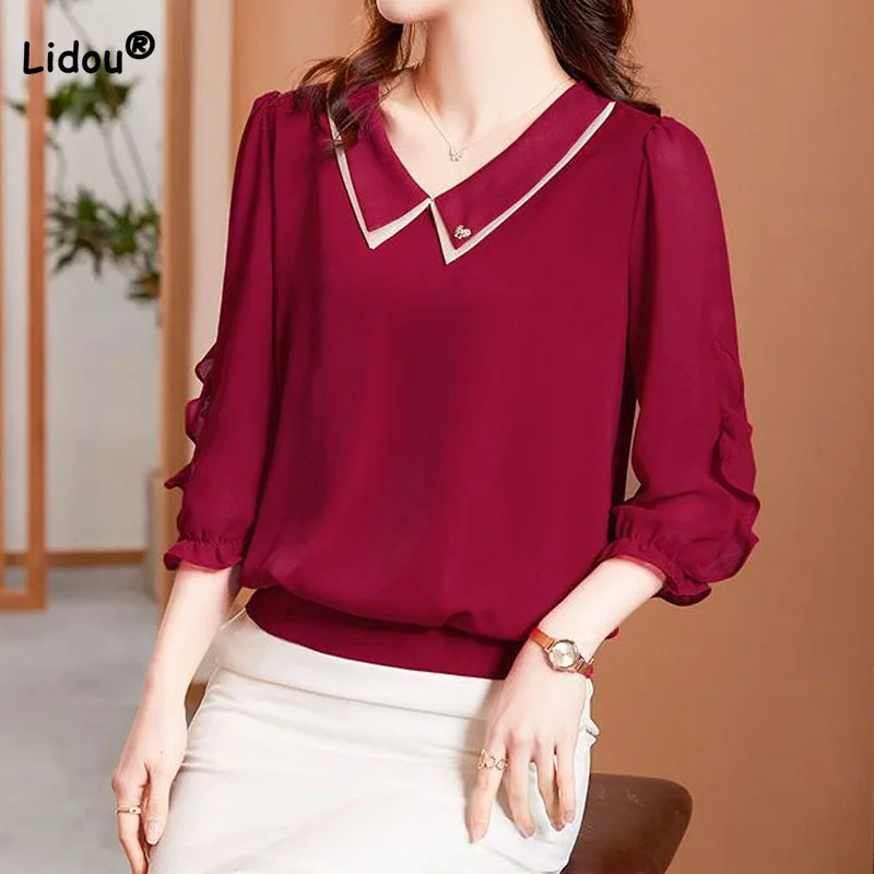 

Fashion All-match Ruffles Spliced 3/4 Sleeve Tops Summer Casual Commute Solid Color Polo-Neck Chiffon T-shirt Women's Clothing