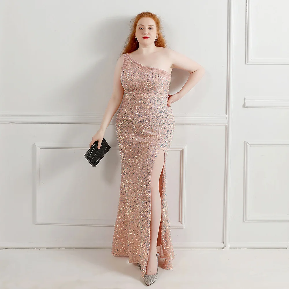 

Plus Size Party Dresses for Women, Mother of the Groom, Evening, Elegant, Formal Events, Champagne, One Shoulder, Bridesmaid