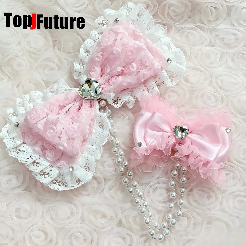 Fermagli per capelli stile Hime Y2K, fiocco in pizzo rosa con volant, accessori per capelli Hime Gyaru, fermagli per capelli da ragazza subculturale, copricapo Lolita - immagine 3