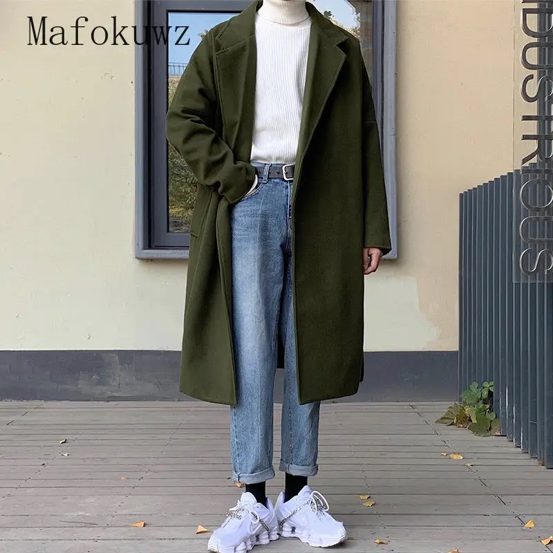 Spring Autumn Mid-length Woolen Overcoat Men's Solid Casual Loose High Street Personality Windbreaker Jackets Male Clothes