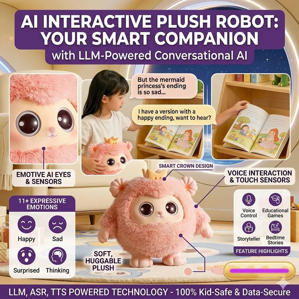 AI 플러시 로봇 장난감, LLM 대화형 음성 제어, 스마트 동반자 말하는 봉제인형 100가지 이상의 감정 표현, 어린이 생일 선물