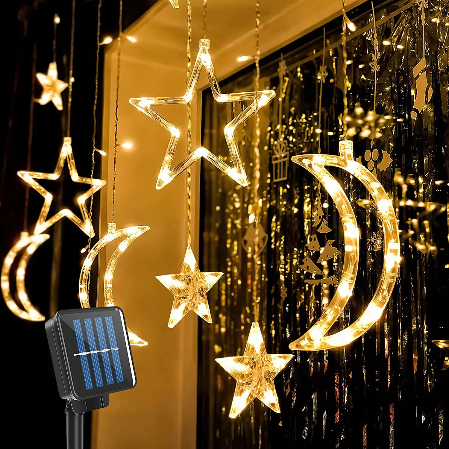 Solar String Lights Outdoor 138LED Christmas Solar Powered Curtain Lights Star Moon Lights Twinkle LED Fairy Lights for Garden outdoor fence lights