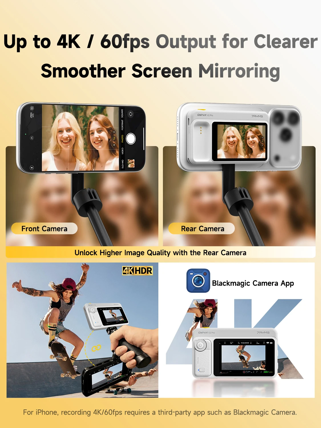 7RYMS Qshot V2 Pro 무선 비디오 마그네틱 셀카 모니터 스크린 (브이로그 스트리밍용), 마그네틱 폰 브이로그 키트 후면 카메라 셀카