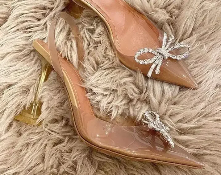 

beige Crystal Bow Transparent PVC Slingbacks knot Rhinestones Women Sandals Fashion heeled Gladiator Sandals 9cm heels 45 44 43