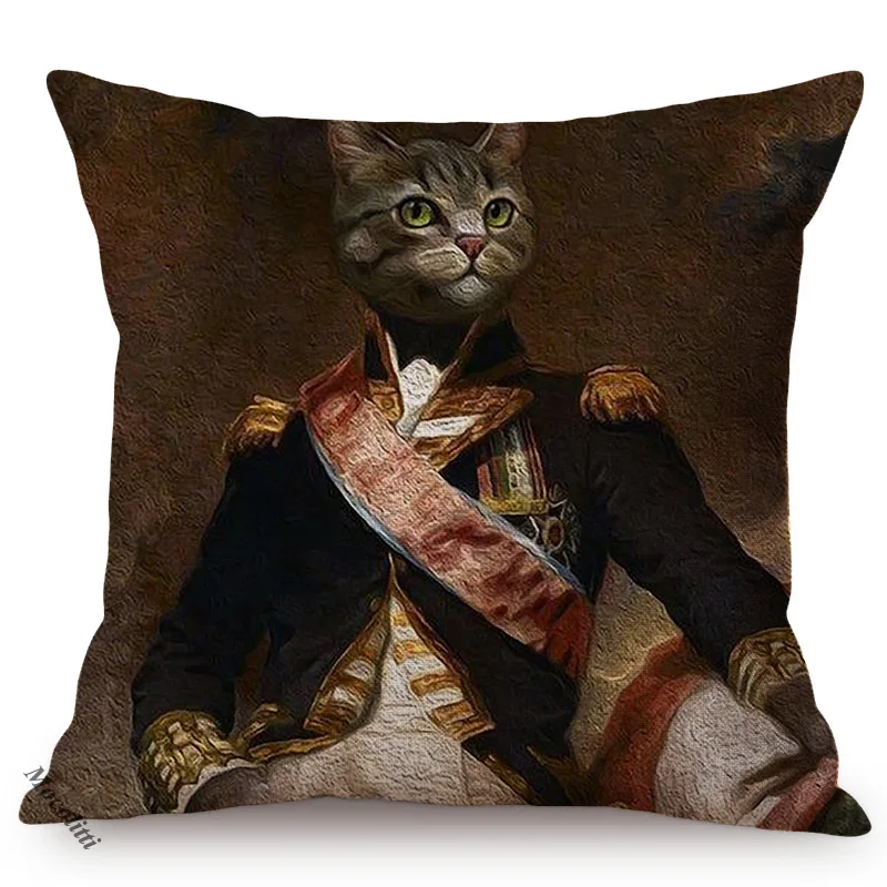 Cat General Portrait Imitate Famous Oil Painting Art Decorative Cushion Cover Nordic Funky Animal Style Sofa Throw Pillow Case 2
