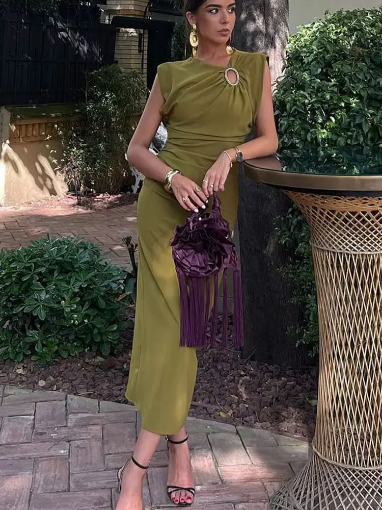 HH Women's New Elegant Folds Sleeveless Midi Dress Female Chic Solid Metal  Ring Hollow Out Decoration Bodycon Dresses Mujer - AliExpress 200000345