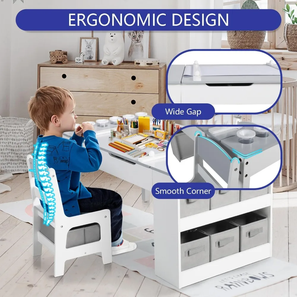 3 in 1 Kids Art Table & Easel Chair Set, Wood Children Activity Table, 6 Storage Bins, Paper Roll, Paint Cups, Playroom