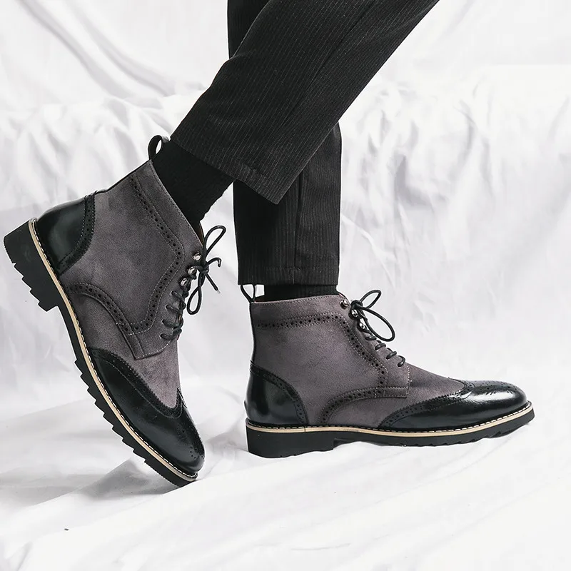 Retro Brown Mens Brogue Shoes Pointed Dress Shoes Men's Ankle Boots Lace-up High Top Casual Leather Shoes Men Botas Para Hombre