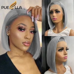 13X4 Remy Human Hair Grey Colored Short Bob HD Lace Front Wig Glueless Transparent Gray Pixie Cut Frontal Wigs Ready To Wear
