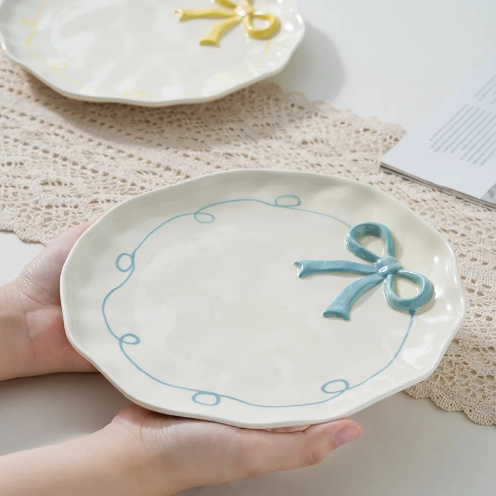 Nordic Ins Hand-painted Ceramic Bow Shape Plate Ornament Sliving Room Bedroom Dining Table Snack Fruit Salad Plate Birthday Gift 3