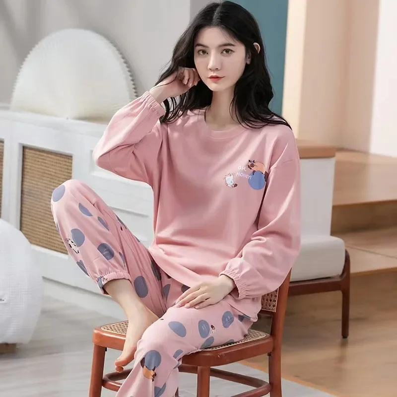 

Autumn Homewear Set Pajamas Ladies Spring Autumn Long Sleeve Polyester Cotton Women's Autumn and Winter Large Size Casual