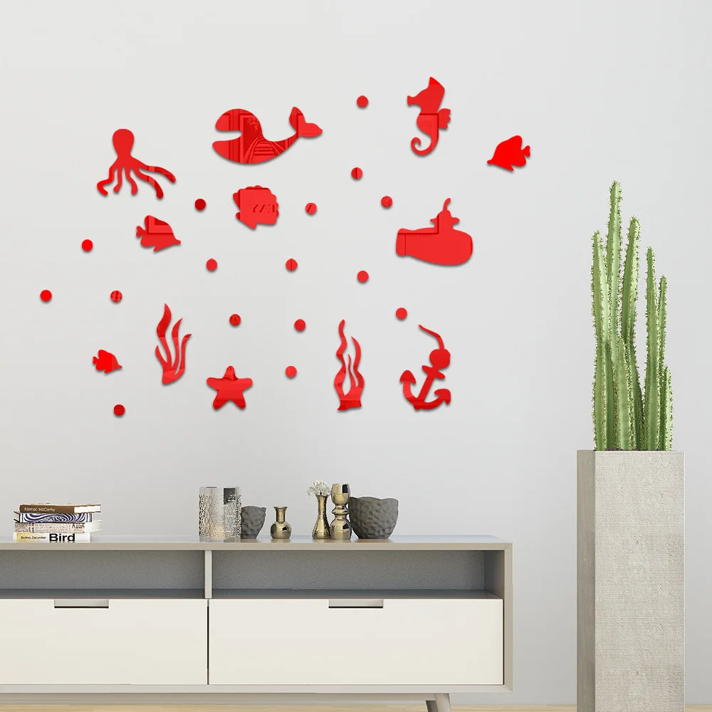 Marine animal acrylic Mirror Wall Stickers children's room Bathroom Wall Decoration Self-pasting Drawing paper Bedroom wallpaper