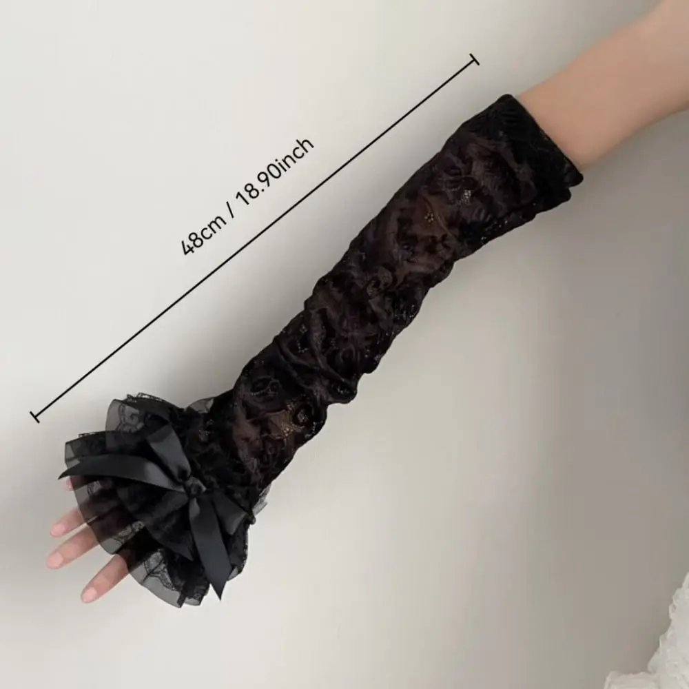 Graceful Lace Bowknot Womens Sleeve Y2K Hollow Out Lace Fingerless Gloves Sun Protection Long Gloves