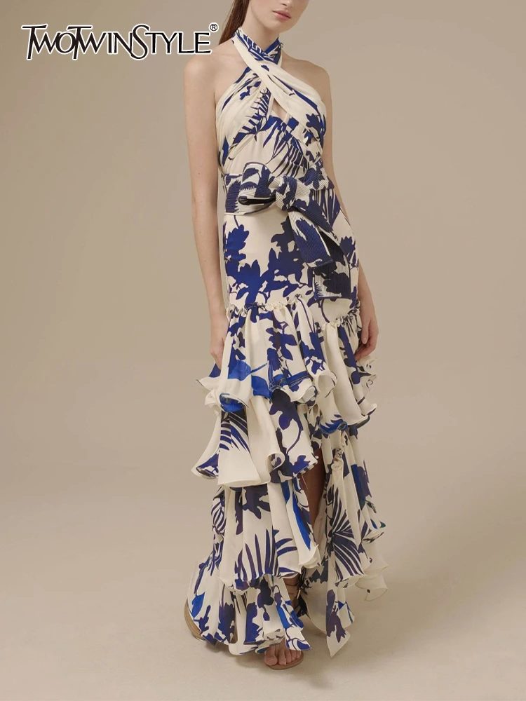 

TWOTWINSTYLE Summer Hit Color Printing Dresses For Women Neck Mounted Sleeveless High Waist Layered Ruffles Hem Dress Female New