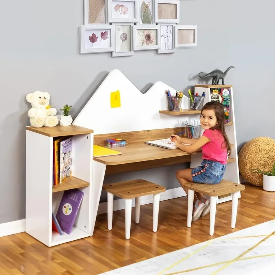 Wooden Kids Study Desk with Bookshelf and Stools