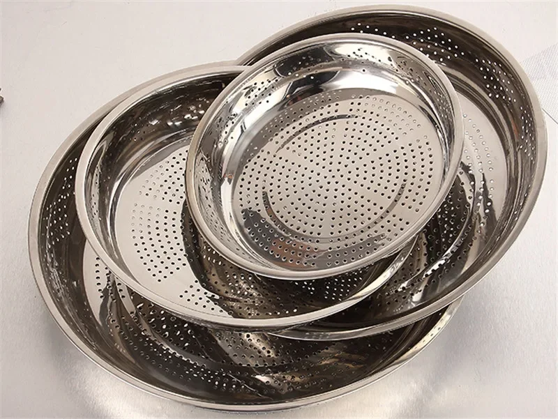 Thickened Stainless Steel leak colander Plate Round hole tray Deep Pallet Super Large Steamer Rice bean Disc Drainage Plate set, dining dish