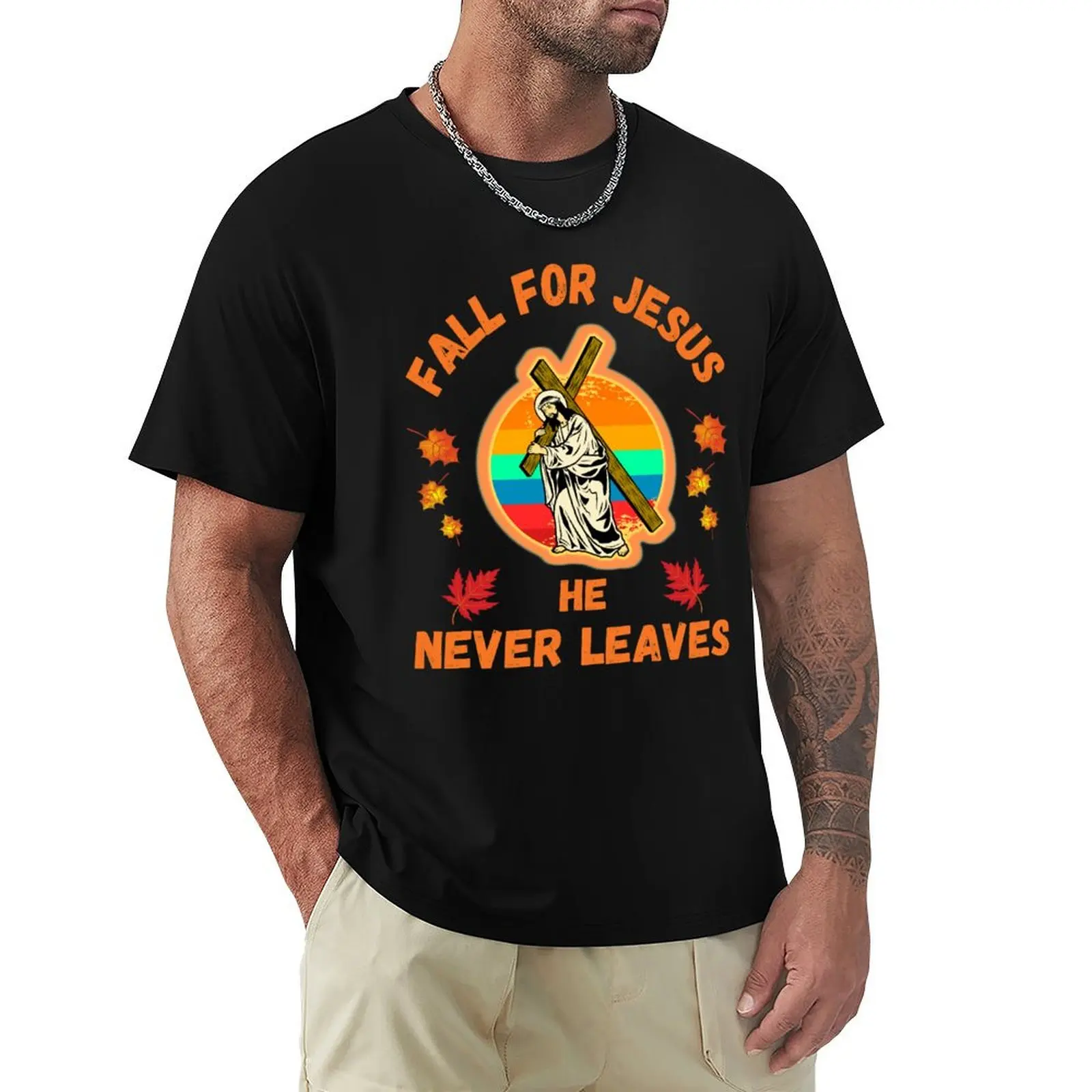 

Fall For Jesus He Never Leaves T-Shirt oversizeds for a boy aesthetic clothes mens graphic t-shirts funny