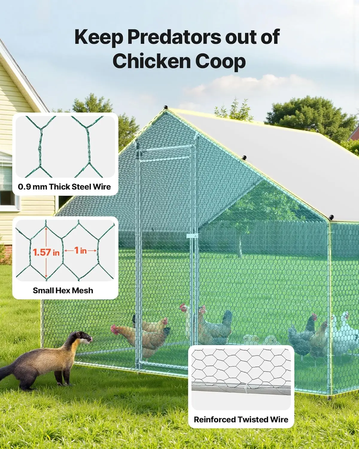 Large Metal Chicken Coop with Run, Walk in Chicken Run for Yard with Waterproof Cover, 6.5 x 9.8 x 6.5 ft, Spire Roof Large